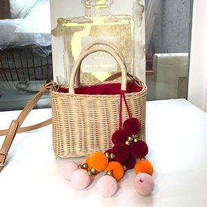 EUC Small Woven Straw Basket Bag Pom Pom Crossbody